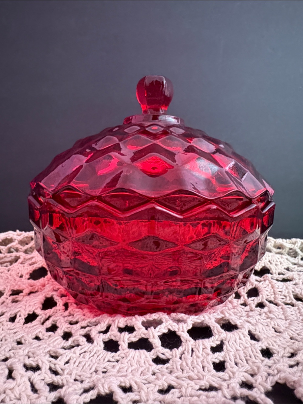 Vintage Indiana Glass Ruby Red Cubist Candy Dish MCM Cottage Core
